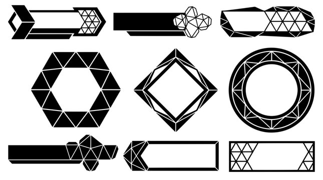 Black and white geometric stream overlay set. Includes hexagon, diamond, and circle webcam frames, plus faceted lower thirds for esports gaming UI