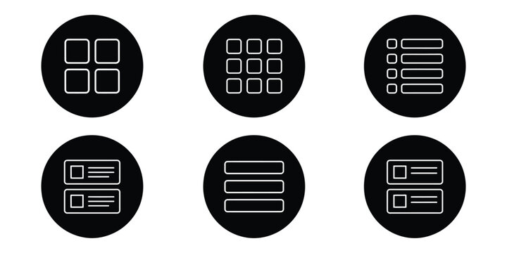 Display mode UI icons featuring grid, list, card, table, and compact view layouts for web and mobile interface design.