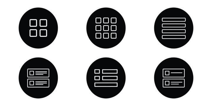 Display mode UI icons featuring grid, list, card, table, and compact view layouts for web and mobile interface design.