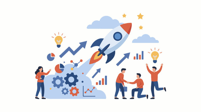 Business team celebrates rocket launch with charts gears and ideas