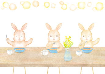 テーブルを囲んで楽しくご飯を食べる3匹のうさぎ 水彩イラスト。家族のだんらん、楽しい食事。 © Aomi.art