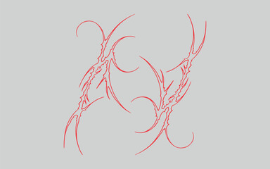 Mirror symmetry abstract line art cyber sigilism graphic layout. Fine red outline alternative metalcore curves and spiky details © freaky