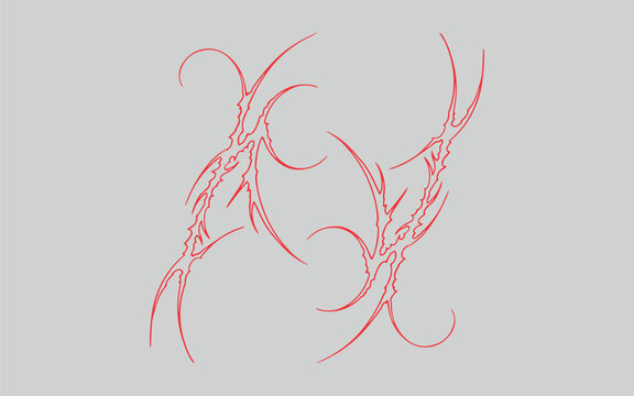 Mirror symmetry abstract line art cyber sigilism graphic layout. Fine red outline alternative metalcore curves and spiky details