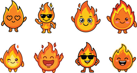 Naklejka premium Cute Fire Mascot Expression Set, Funny Flame Character Collection, Cartoon Fire Emoji Faces, Kawaii Vector Illustration Bundle Isolated on White Background