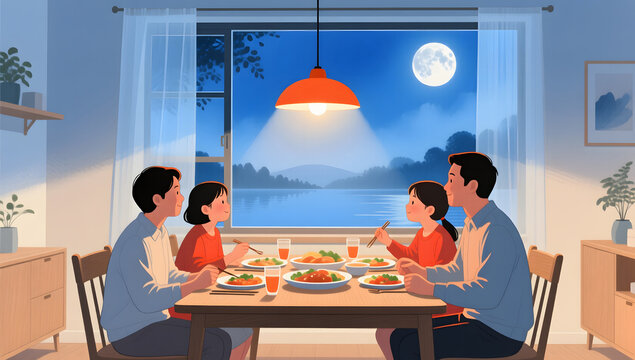 family evening dinner warm family lifestyle illustration