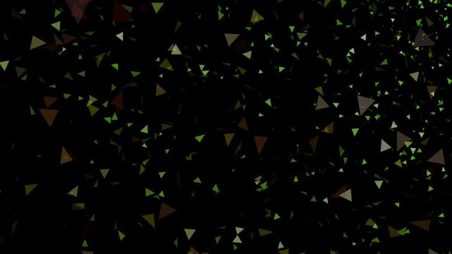 Abstract green triangle particles floating in darkness with a depth effect creating a modern digital background texture for creative design projects and artistic visual presentations