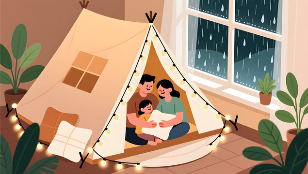 rainy home tent warm family lifestyle illustration