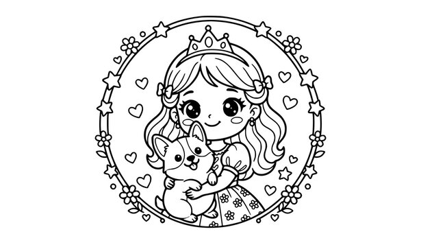 Chibi princess holding corgi dog decorative frame coloring page outline