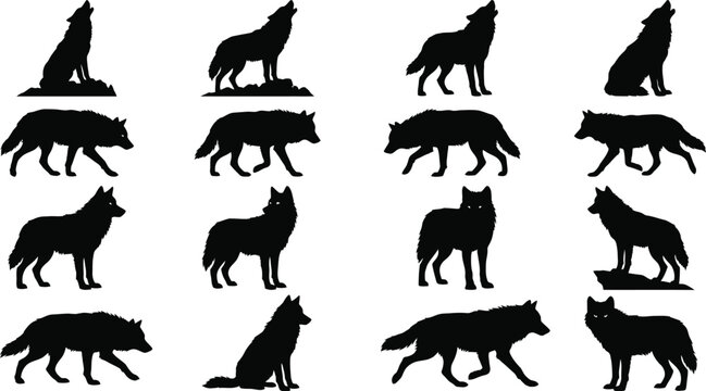 Black wolf silhouettes, wolf pack icons, animal graphics, vector illustrations