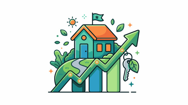 Cartoon house with upward graph keys sun and leaves