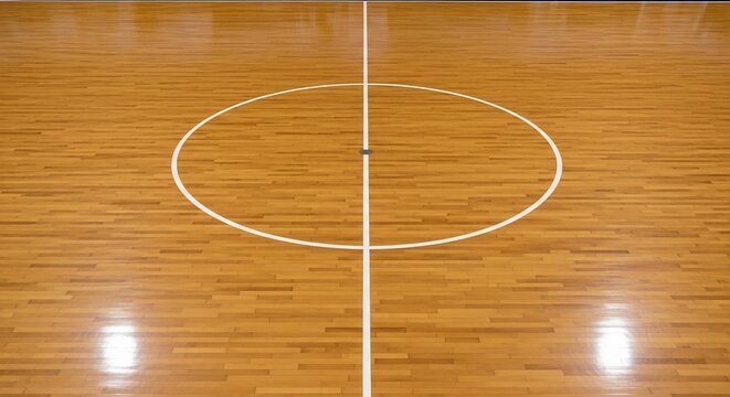 Close up of a polished wooden basketball court center circle and line.
