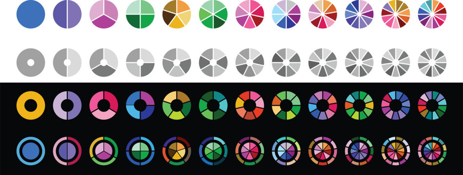 2 color of pie chart design. Pie chart set. Colorful diagram collection with 2,3,4,5,6,7,8,9,10,11,12 sections or steps. pie chart with white and black background. Pie chart