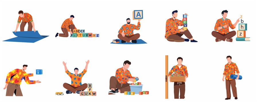 Set of flat vector illustrations featuring a male teacher or father using alphabet blocks for education