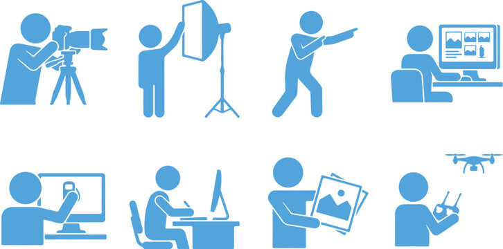 Photography and videography icon set in blue