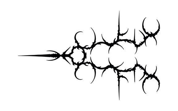 Complex horizontal cyber sigilism central focal tattoo layout design. Black distressed neo tribal spike circle matrix compilation isolated on a white background.