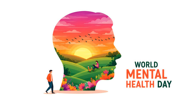 World mental health day illustration of mindscape with people and nature