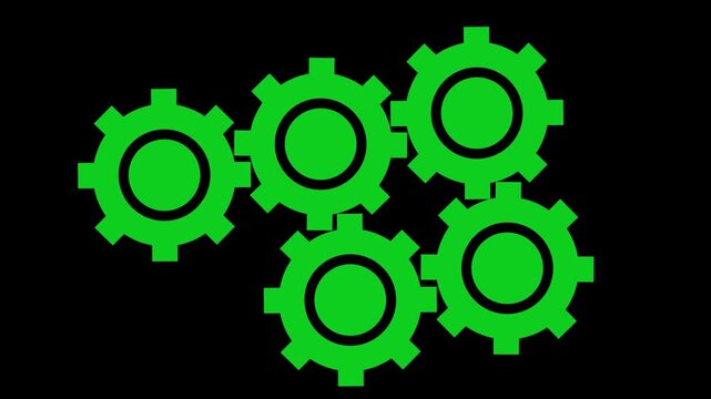 Five bright green gear wheels connected together representing teamwork and mechanical engineering industry progress and industrial machinery development concepts