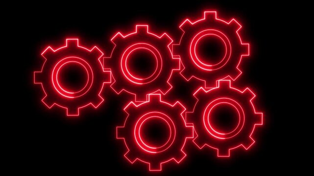 Abstract red neon glowing gears interconnected as a symbol of teamwork and mechanical engineering technology concept on a dark black background