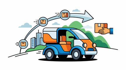 Fototapeta premium Cartoon delivery vehicle transporting boxes in a city and countryside