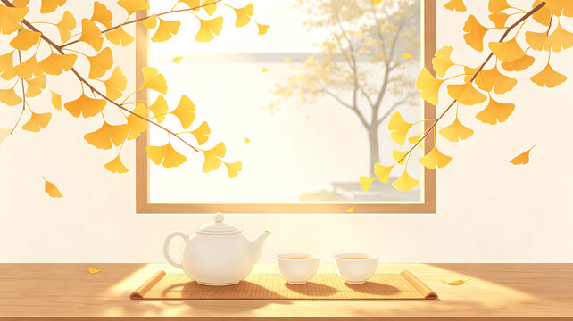 Beginning of Autumn Ginkgo Tea Table Illustration