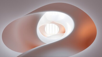 Fototapeta premium Abstract spiral staircase design. Smooth curves, soft lighting, minimalist aesthetic. Warm tones contrast cool whites. Modern architecture.