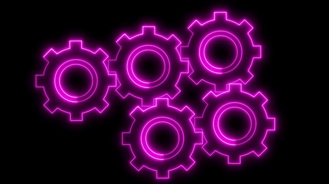 Abstract purple glowing neon gear wheels connected together representing teamwork and engineering innovation on a dark background