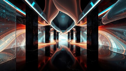 Fototapeta premium Futuristic corridor. Dark space features glowing columns, arches, reflections. Digital elements enhance abstract design. Dramatic lighting creates depth.