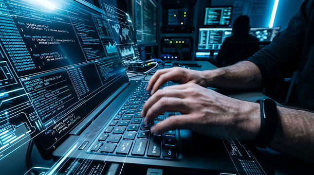 Person typing code on laptop in dark tech environment with programming developer software technology cybersecurity computer internet development information security innovation workspace