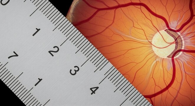 Close-up of Human Retina with Medical Ruler for Measurement.