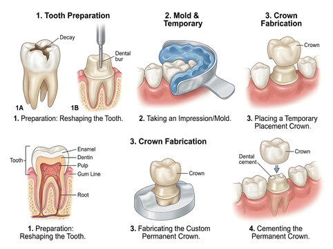 Dental crown procedure step-by-step illustration