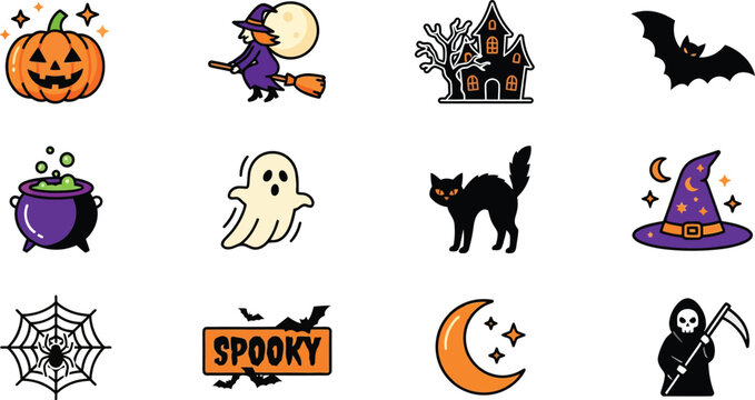 Logo style Halloween graphic assets featuring witches on brooms haunted mansions and skull icons