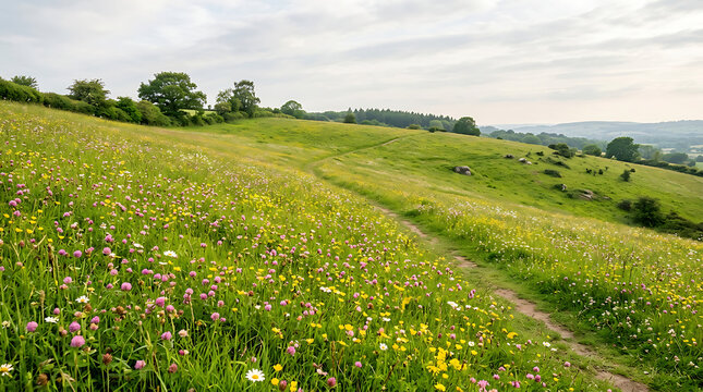 Path through wildflower meadow in english countryside with wildflowers countryside landscape environment