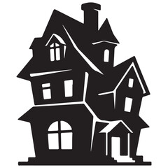 Black silhouette of a spooky haunted house with multiple gables and turrets on a white background © Praptiii