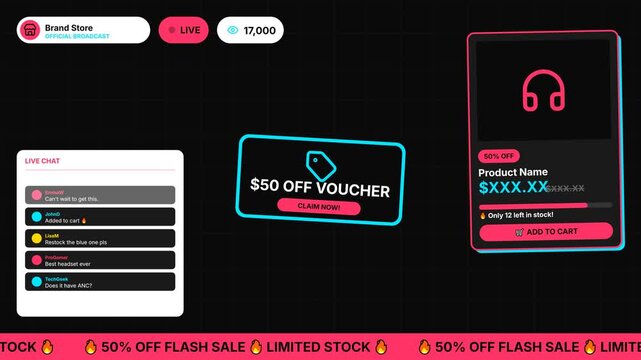 Live shopping stream UI interface with scrolling flash sale ticker and voucher popup on dark background for retail marketing overlay.