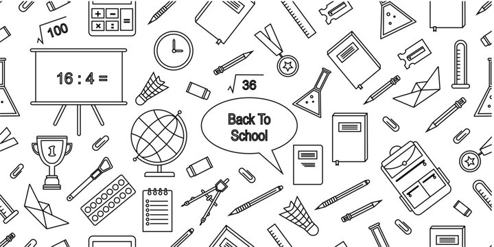 School supplies doodle pattern background. School equipments doodle pattern background. Back to school doodle design. Education themed doodle pattern background.