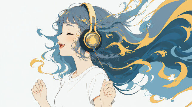 ヘッドフォンで音楽を楽しむ女性のアート系イラスト