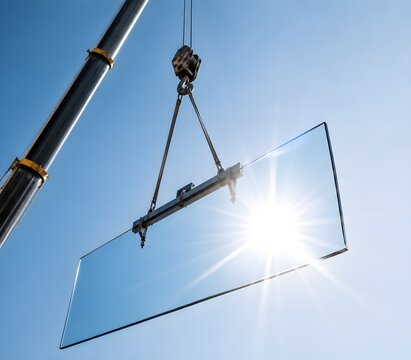 Massive construction crane hoisting heavy sheet of clear glass catching blinding bright reflection of sun
