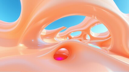 Fototapeta premium Abstract fluid shapes, peach tones, blue sky visible through openings. Smooth curves create organic tunnel effect.