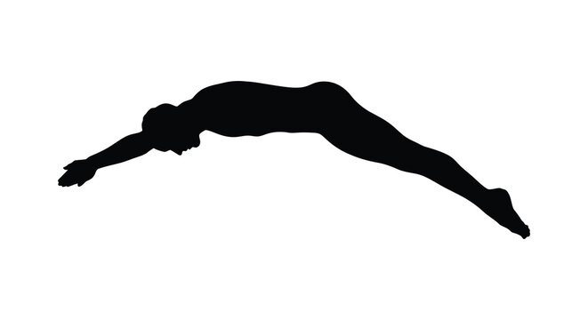 Swimmer in mid air dive pose black silhouette against a white background silhouette