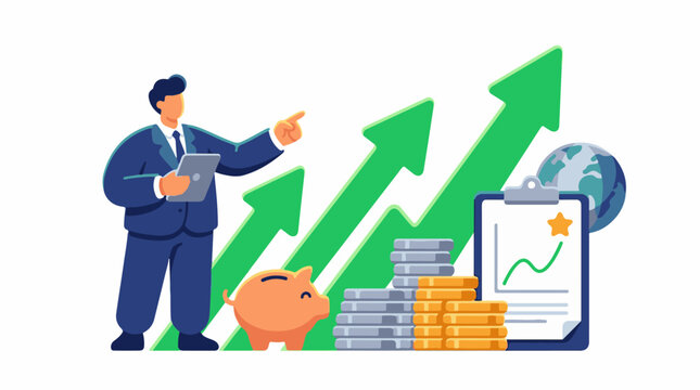 Businessman pointing at upward financial growth chart with coins piggy bank globe