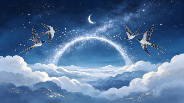 Qixi Galaxy Magpie Bridge Oriental Illustration