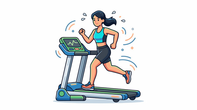 Cartoon woman running on a treadmill sweating and showing exertion