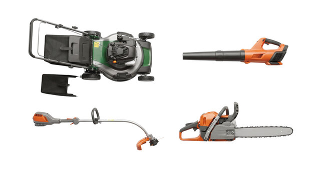 Professional garden power tools set, lawn mower and chainsaw equipment, leaf blower and grass trimmer for landscaping maintenance isolated PNG with Transparent Background