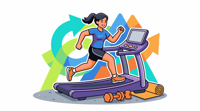Cartoon woman running on treadmill with weights and mat