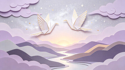 Fototapeta premium Qixi Paper Cranes Galaxy Layered Paper Illustration