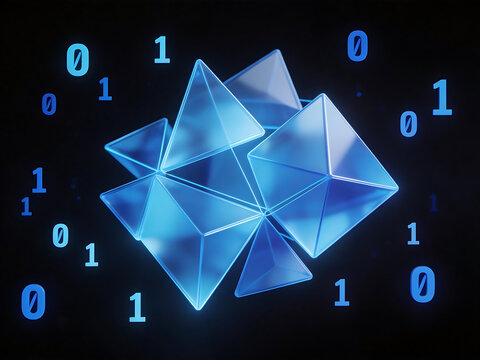 Blue geometric shapes with binary numbers