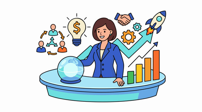Businesswoman with crystal ball idea bulb rocket and growth chart