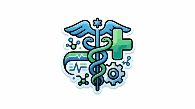 Caduceus cross pulse atoms and gear symbols in blue and green