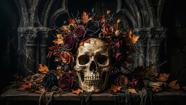 Gothic Skull Adorned with Autumn Flowers and Leaves in a Dark Crypt