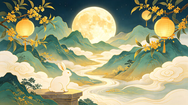 Mid Autumn mountain moon oriental illustration background